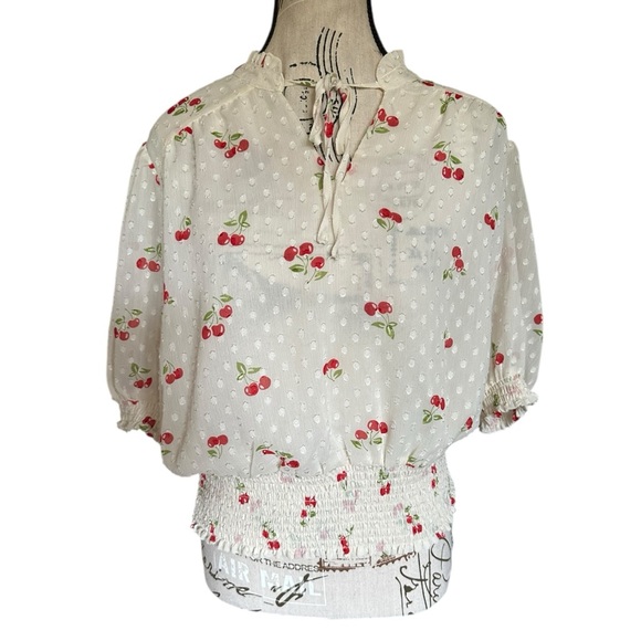 Joie Cherry Print Swiss Dot Peasant Blouse L Sheer Smocked Waist Cottage Flirty - Picture 2 of 16